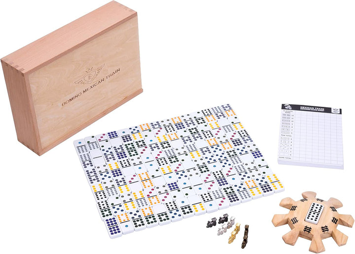 Engelhart - Domino Mexikanischer Zug D12 Deluxe in Einer Box aus Buchenholz + Punkteblock + Bahnhof