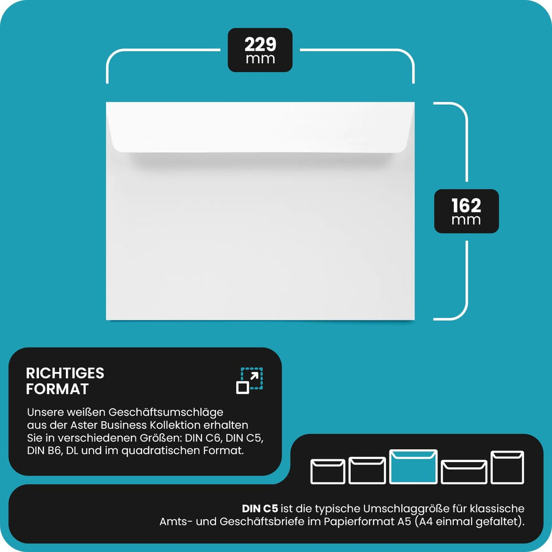 Netuno 500 Briefumschläge Weiss DIN C5 16,2 x 22,9 cm 120g Aster Business Briefkuverts haftklebend o