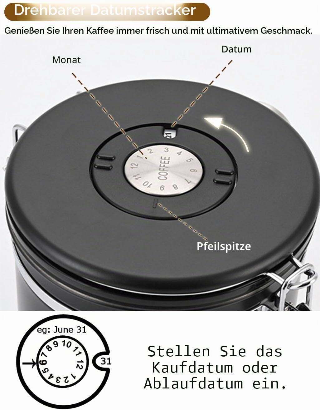 Luftdichte Edelstahl Kaffeedose, Vakuum Kaffeebehälter Kaffeebohnen Vorratsbehälter mit Datumsverfol