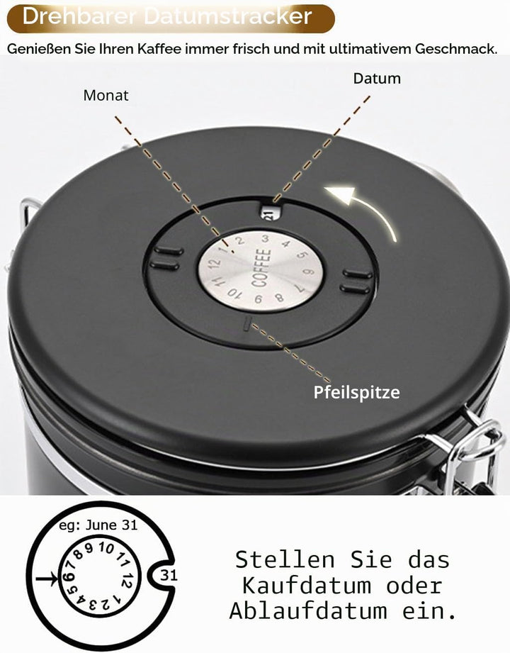 Luftdichte Edelstahl Kaffeedose, Vakuum Kaffeebehälter Kaffeebohnen Vorratsbehälter mit Datumsverfol