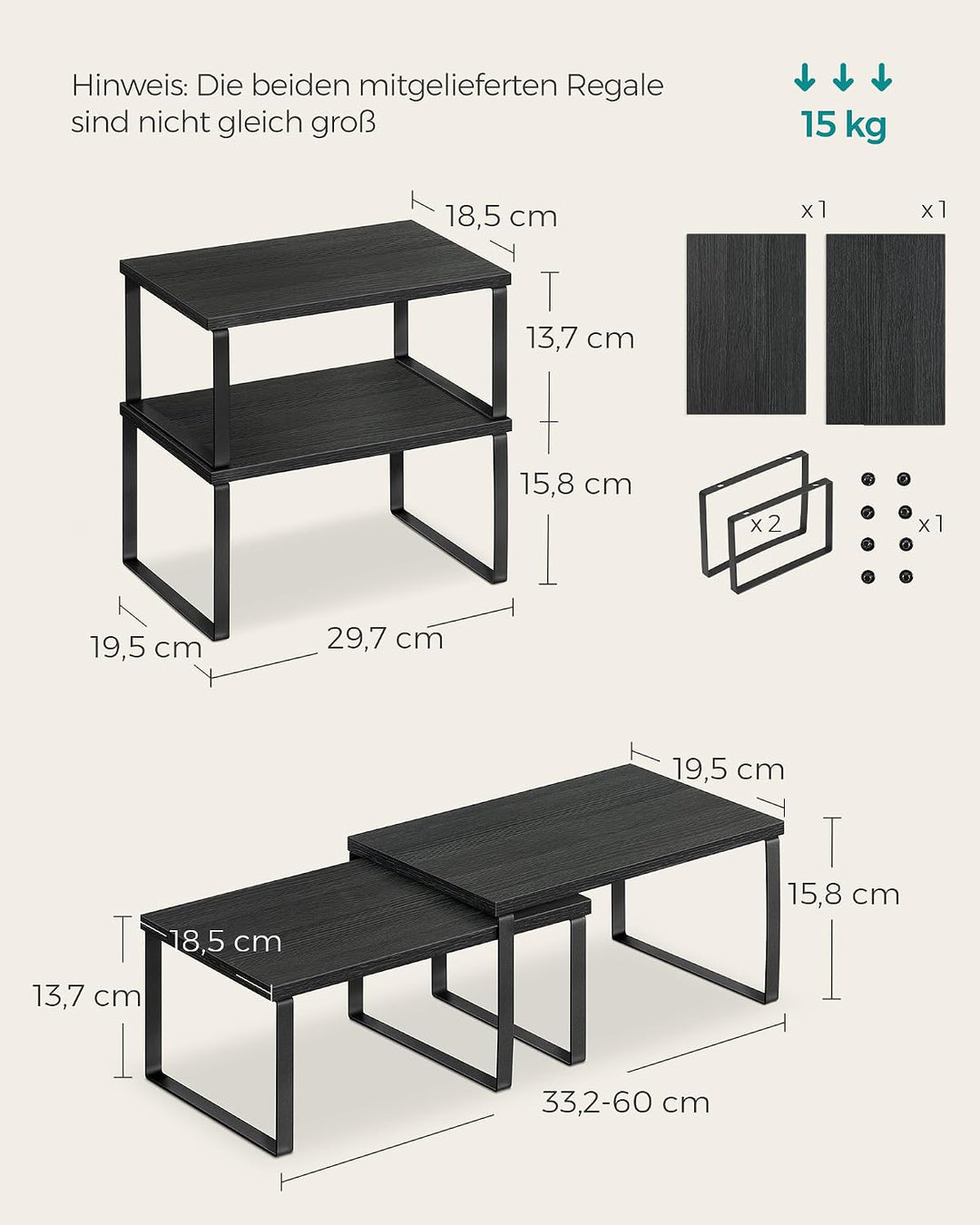 SONGMICS Gewürzregal, 4er Set, Küchenregal, Küchen-Organizer, erweiterbar, Gewürzhalter, stapelbar,