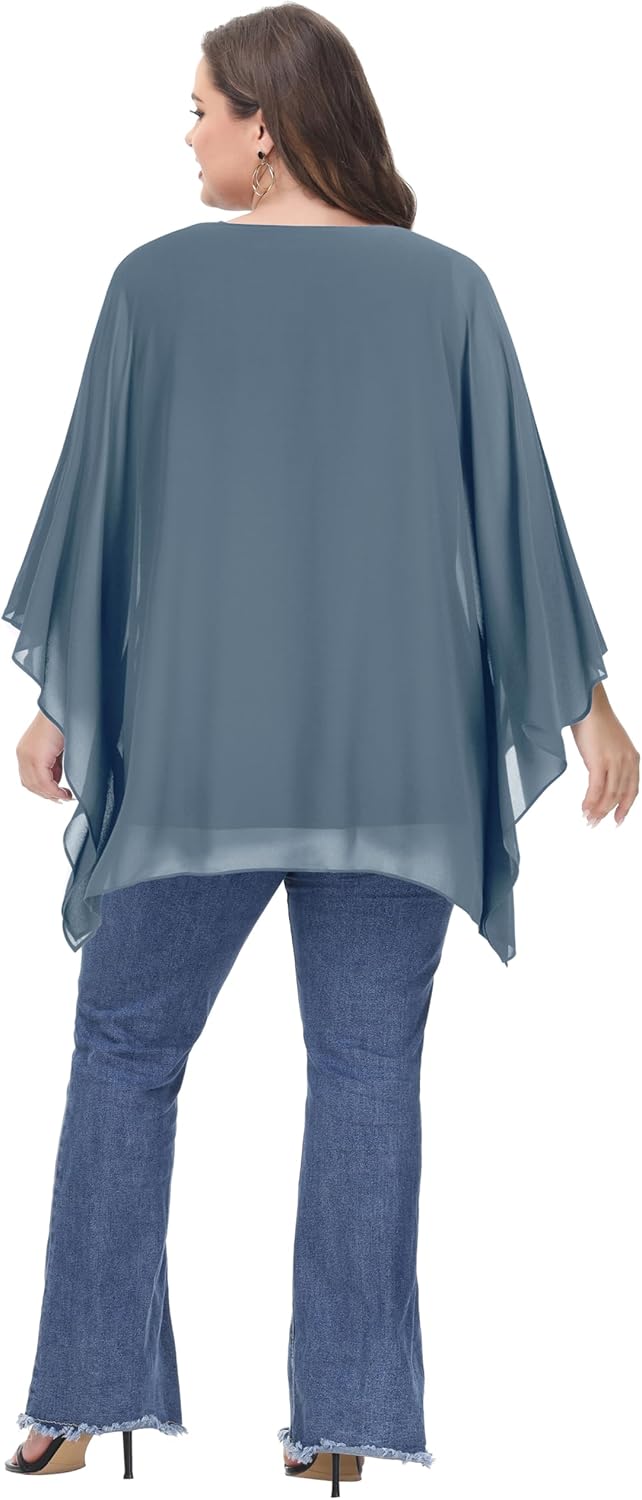 Hanna Nikole Damen Grosse Grössen Chiffon Blusen Elegant Fledermaus Hemd Doppellagige Tops Lose Long
