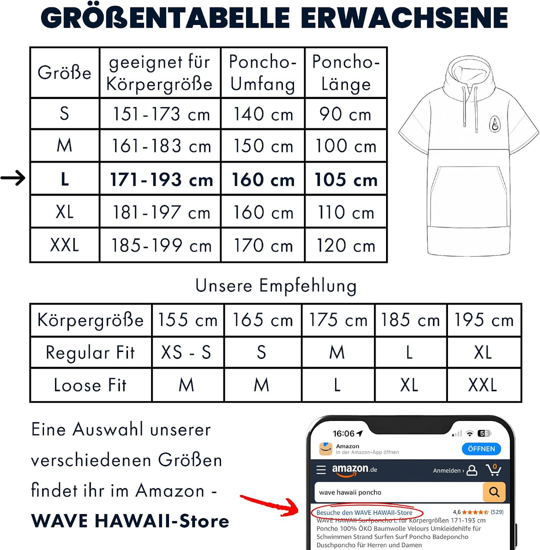 WAVE HAWAII Poncho Aveiro Surfponcho 100% Baumwolle für Körpergrössen von 170-200 cm Umkleidehilfe f