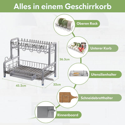 Boosiny Abtropfgestell Geschirr, 2-stöckiges Edelstahl-Geschirrabtropfgestell mit Abtropfschale, Ges