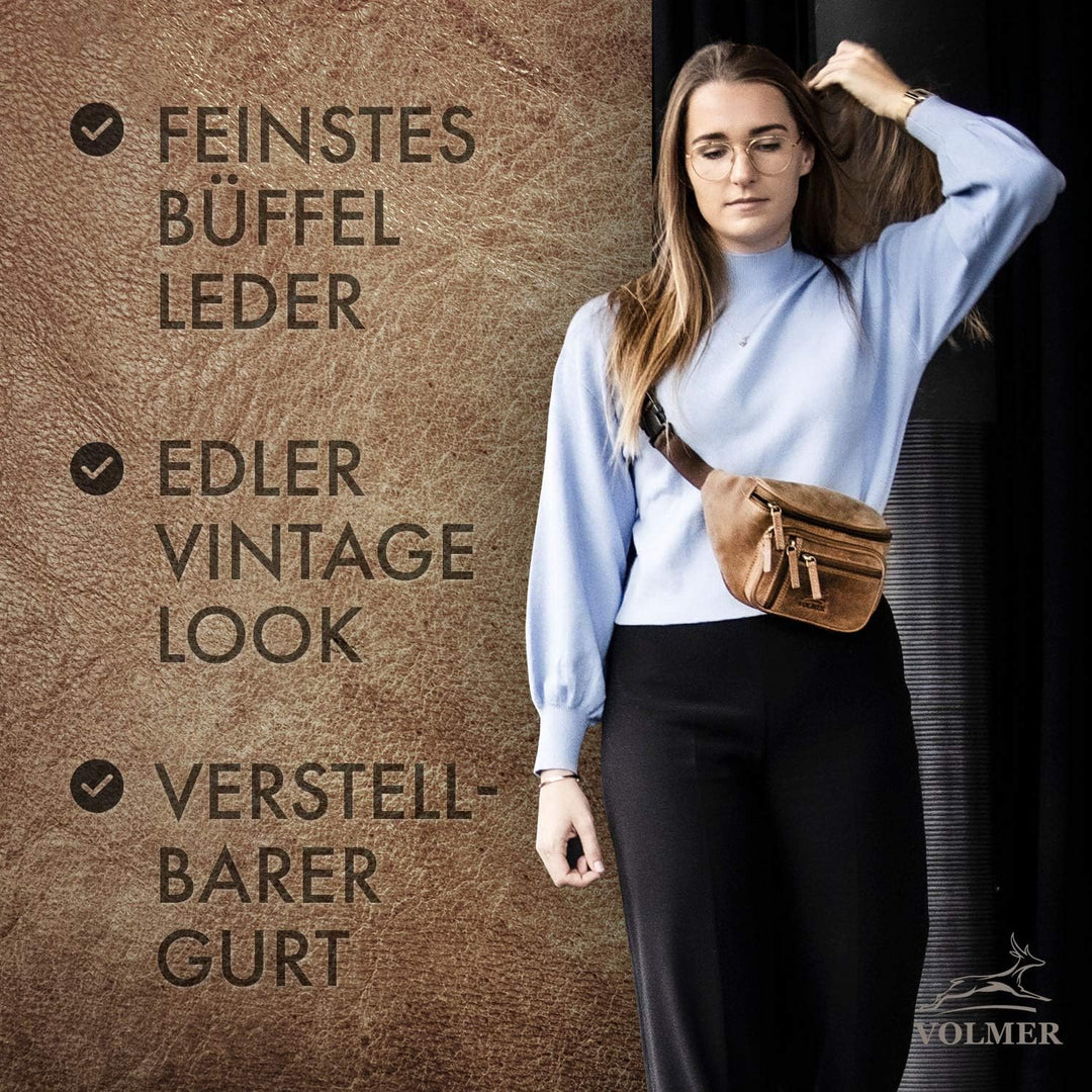 Fa.Volmer ® Gürteltasche in Echt-Leder für Damen und Herren | braun | Verstellbarer Gurt bis 130 cm