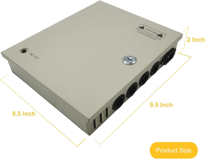 CCTV Netzteil 12V 10A DC 120W, 9 Kanal Überwachungskamera Netzteilkasten mit Metallgehäuse & Schloss
