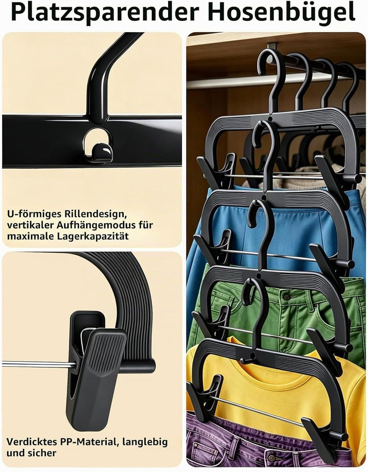 Platzsparende Hosenbügel 35cm, 20 Stück Kleiderbügel Kunststoff mit verstellbaren Zangen, Stapelbare