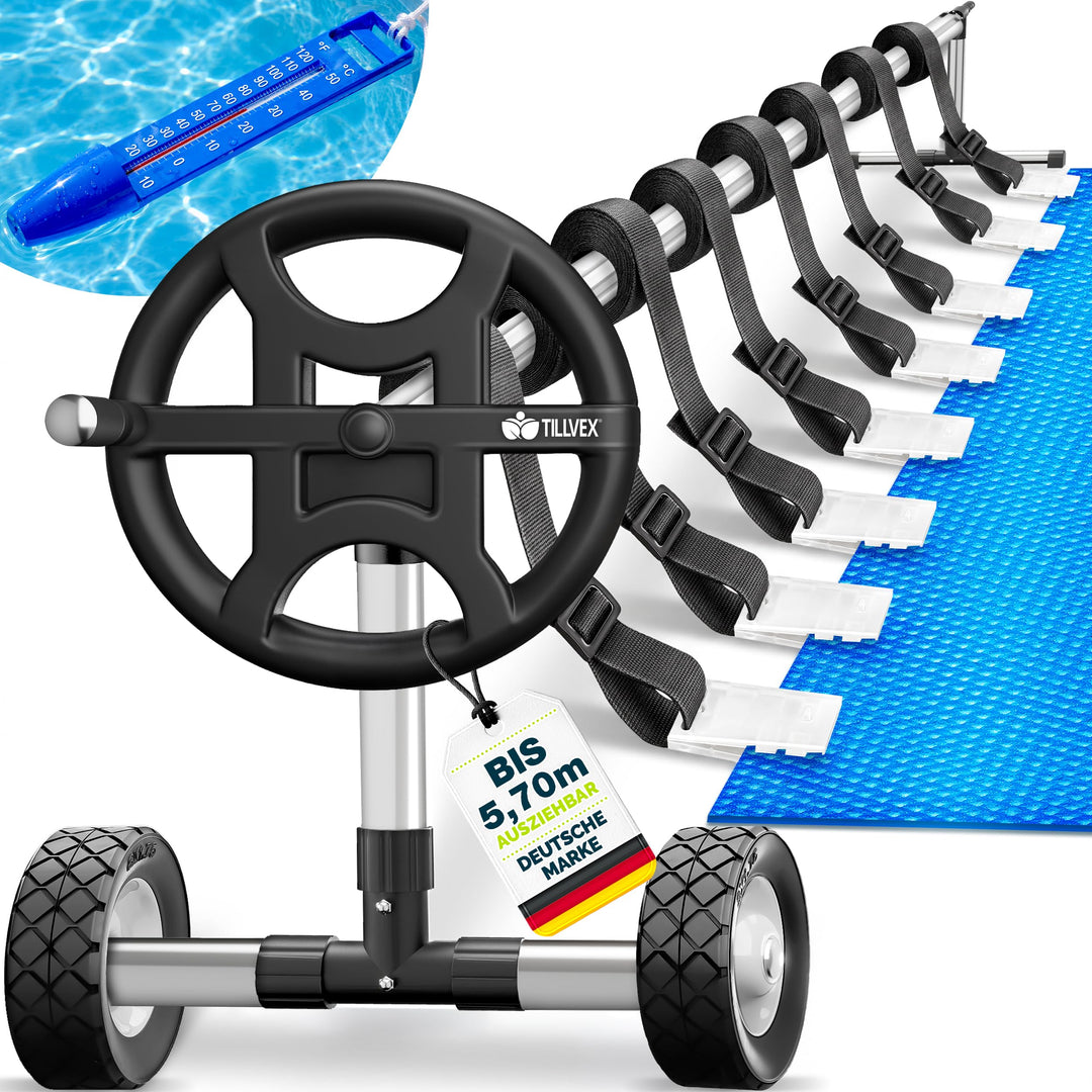 tillvex Pool Aufroller Premium 3-5,70 m mit Vollgummireifen | Aufrollsystem für Solarfolie | Aufroll