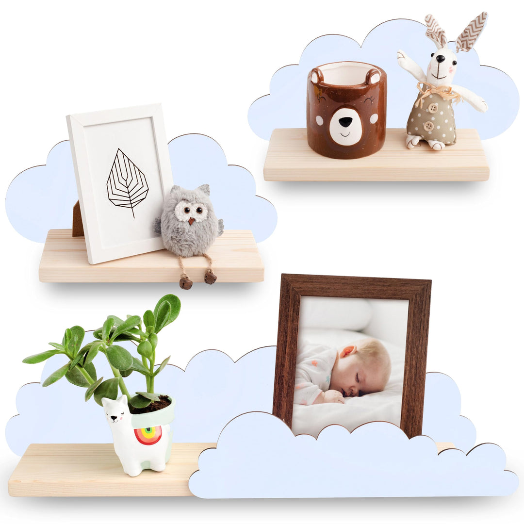 Outentin Wandregal Wolke aus Holz – 3er Set Kinderregal für Kinderzimmer & Babyzimmer – Handgefertig
