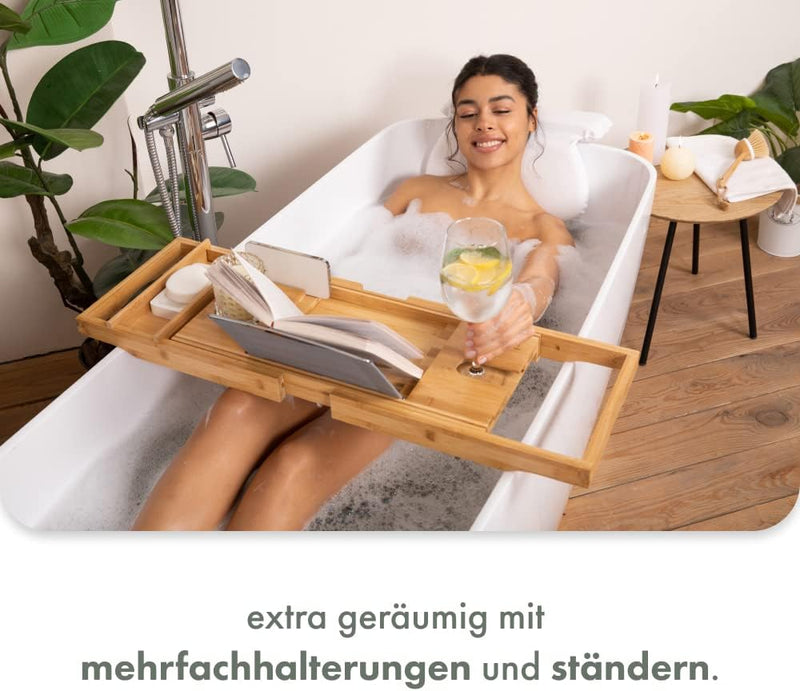 Tranquil Beauty Badewannenablage ausziehbar - Nachhaltiges Bambus Badewannenbrett mit Tablet- und Ha