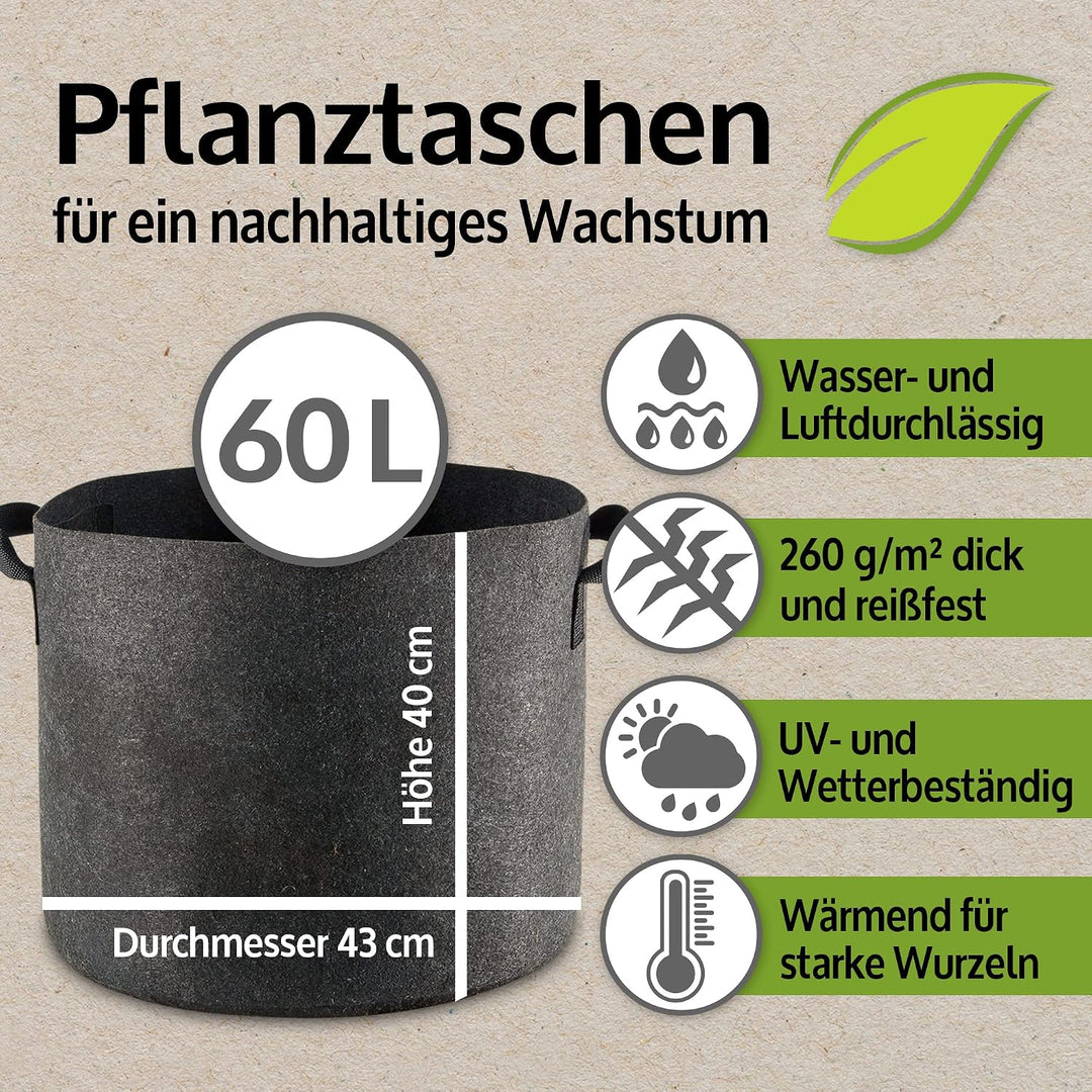 zooprinz Premium 30 L oder 60 L Pflanztaschen aus dickem Vlies – Pflanzsäcke perfekt für Blumen, Tom