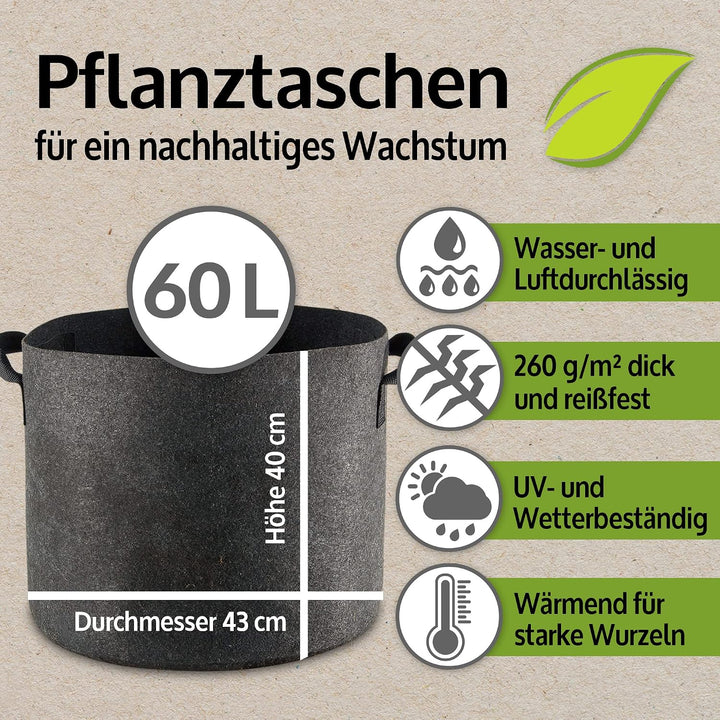 zooprinz Premium 30 L oder 60 L Pflanztaschen aus dickem Vlies – Pflanzsäcke perfekt für Blumen, Tom