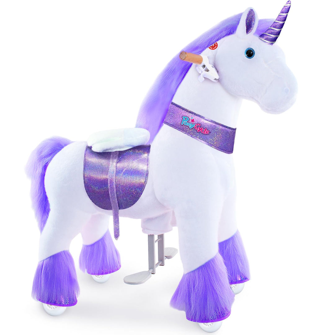 PonyCycle Einhorn mit Rollen für Kinder 4–7 Jahre, 90cm Hoch, Lila Plüsch Reitpferd auf Rollen mit H