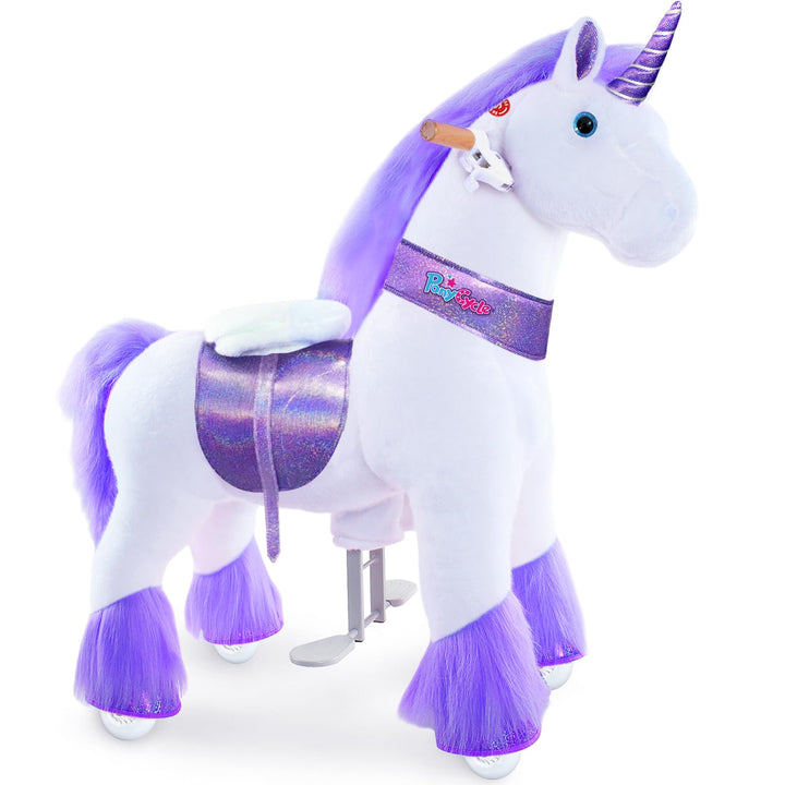 PonyCycle Einhorn mit Rollen für Kinder 4–7 Jahre, 90cm Hoch, Lila Plüsch Reitpferd auf Rollen mit H