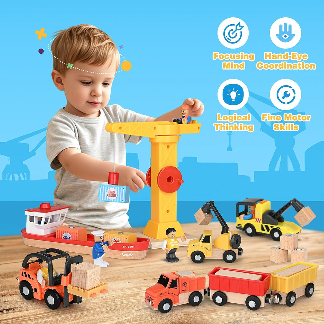 Vanplay Kran Spielzeug Baustellenfahrzeuge Kinder - Holz Baustelle Spielzeug ab 3 Jahre Junge mit Sc