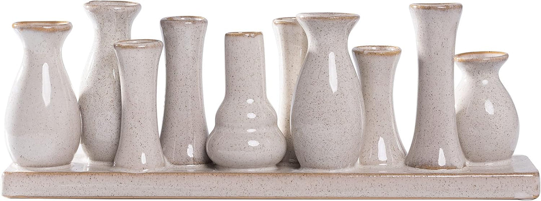 Jinfa Keramikvasen Set – 10 kleine Vasen auf Sockel – Antik-Weiss – Handgefertigte Mini Vasen – Boho