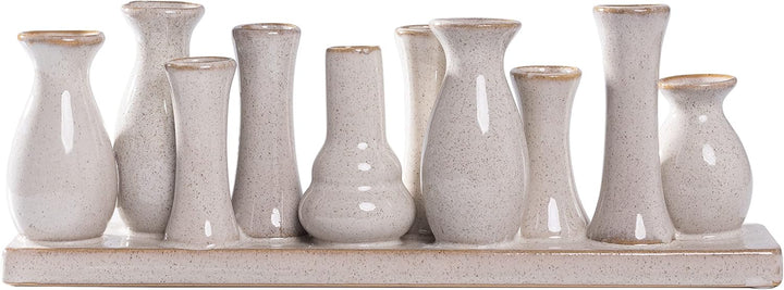 Jinfa Keramikvasen Set – 10 kleine Vasen auf Sockel – Antik-Weiss – Handgefertigte Mini Vasen – Boho