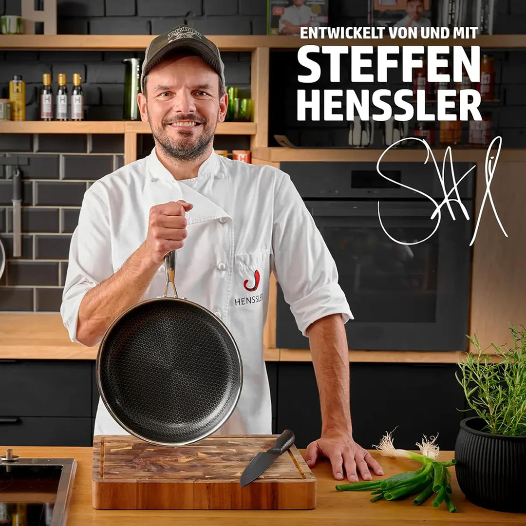 HENSSLERS® Profi Bratpfanne 28 cm [MIT GLASDECKEL] - Antihaftbeschichtung (mit Deckel) Pfanne mit De