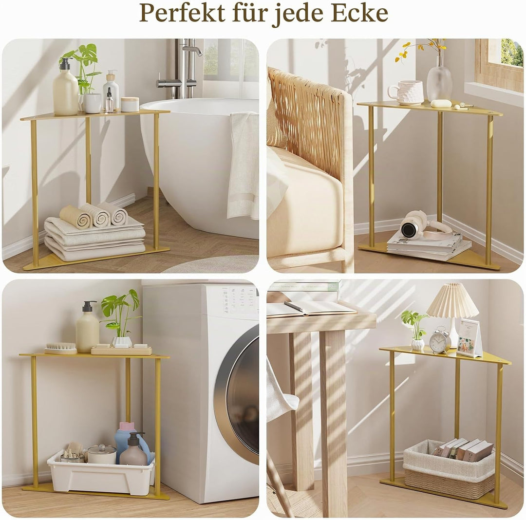 Yawinhe Dreieckiger Beistelltisch,1er Set Metall Klein Couchtisch,Golden | Mobiler Kaffeetisch 2 Ebe