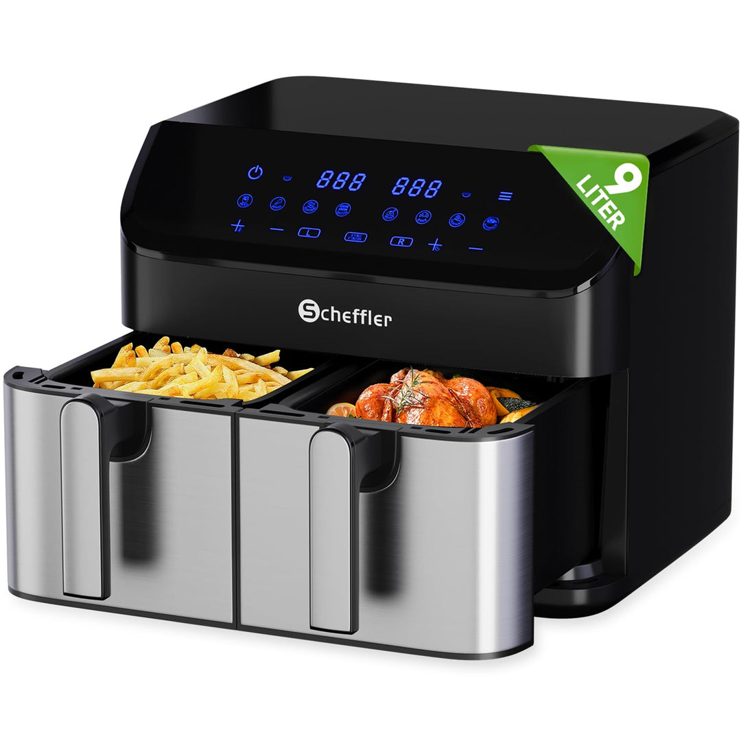 Scheffler Heissluftfritteuse 2 kammern 9L (2x4.5L), 2000W Airfryer mit 2 Fächer, Doppelkammerh, Dual