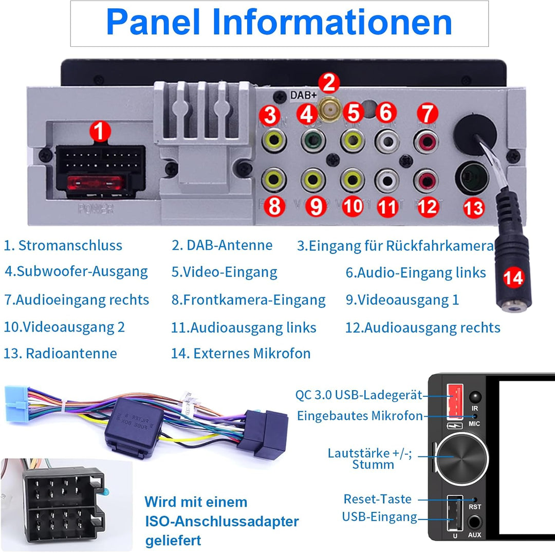 6,36 Zoll 1 Din Autoradio mit Drahtlosem CarPlay & Android Auto, Bluetooth, Full-Touch-Display FM, D