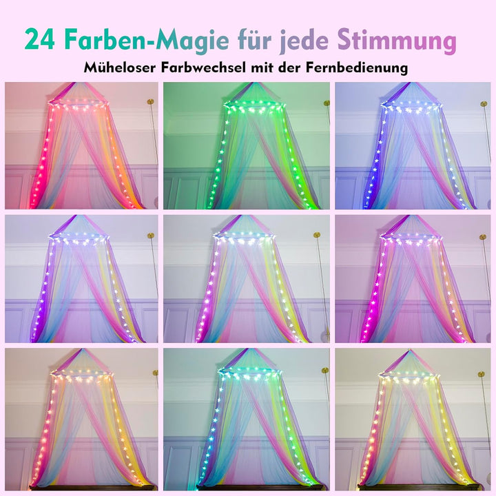 Regenbogen Betthimmel Mädchen mit Lichtern, 24 Farben Himmelbett Vorhänge LED-Stern Fee Lichter Prin