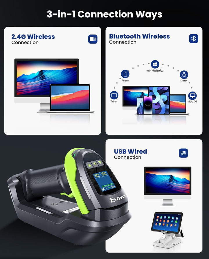 Eyoyo Barcode-Scanner kabellos mit Bildschirm: Pro 1D 2D QR Bluetooth-Scanner, Wandhalterung mit Lad