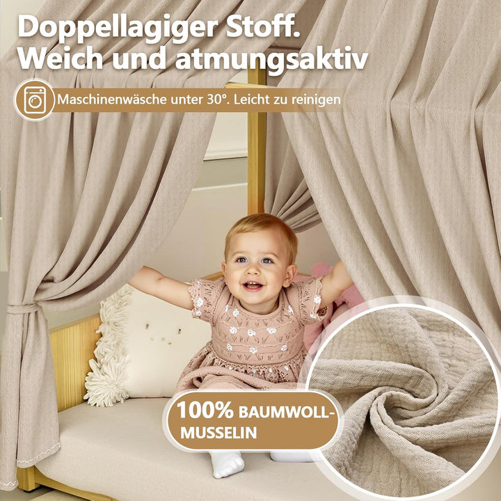 Alishomtll Hausbett Himmel Deko Set, 2 Betthimmel Hausbett aus 100% Baumwolle Musselin, 1 Wimpelkett