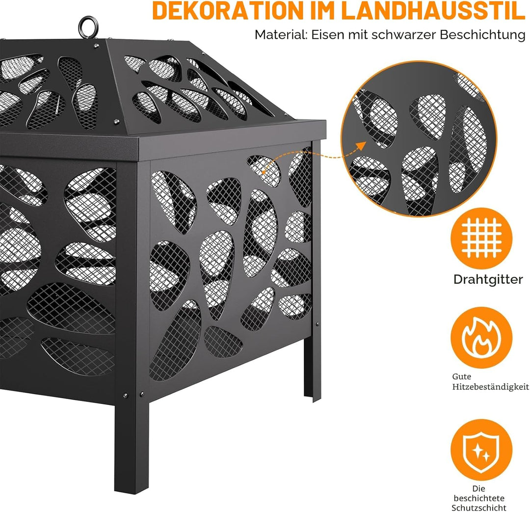 Feuerstelle aus Holz für den Aussenbereich, 40cm, Stahl Feuerstelle mit Mesh Funkenschutz für Campin
