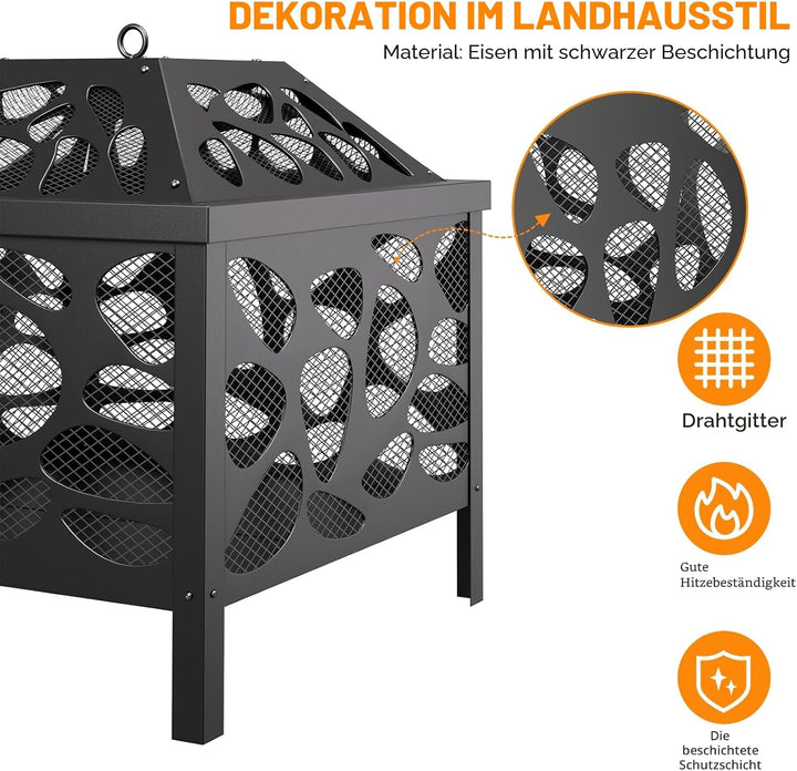 Feuerstelle aus Holz für den Aussenbereich, 40cm, Stahl Feuerstelle mit Mesh Funkenschutz für Campin