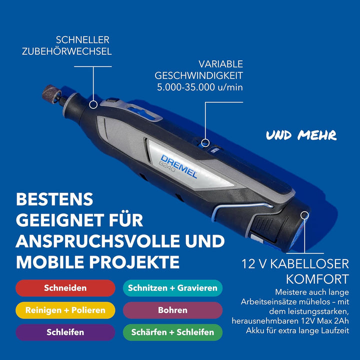 Dremel 8240 Akku-Multitool 12V 2Ah, Multifunktionswerkzeug Set mit 2 Akkus, 5 Auf-und Vorsätze, 1 Dr