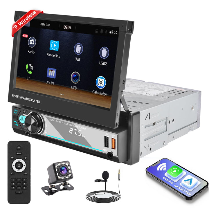 Hikity 1 Din Autoradio Wireless Carplay Andriod Auto 7 Zoll Manuelle Ausfahrbarem Bildchirm Auto Rad