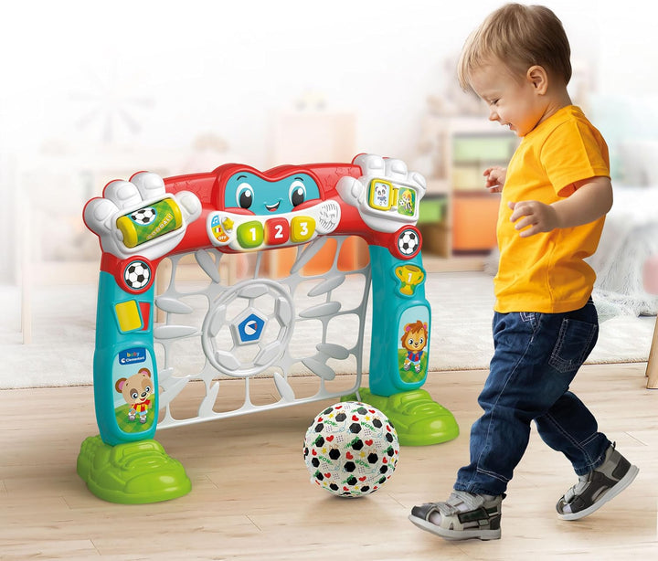 Clementoni Baby Tira e Segna Goleador Fussballtor für Kinder mit Ball, sprechendes Aktivitätszentrum