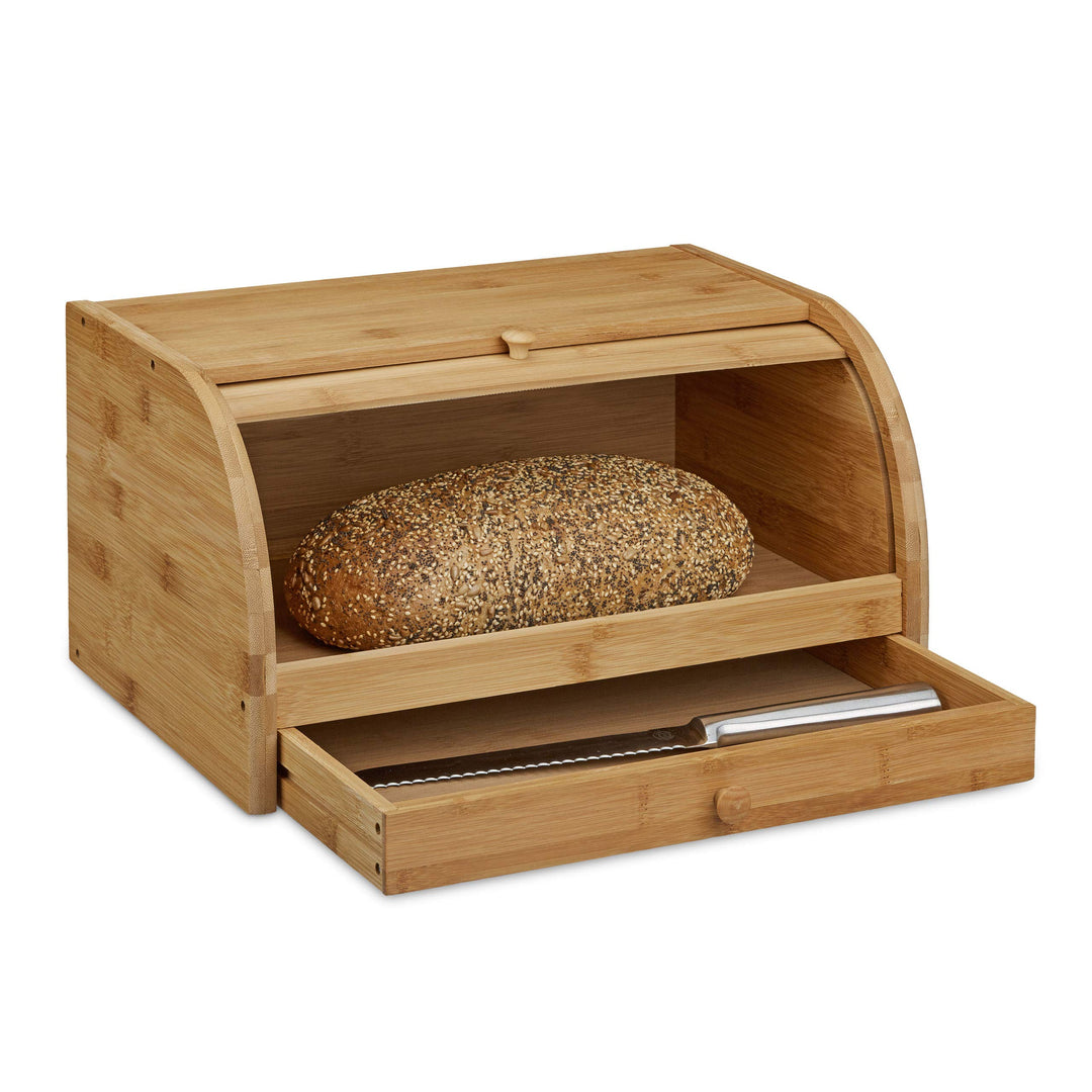 Relaxdays Rollbrotkasten mit Schublade, Bambus, aromadicht, Brotkasten mit Rolldeckel, HxBxT: 21 x 4