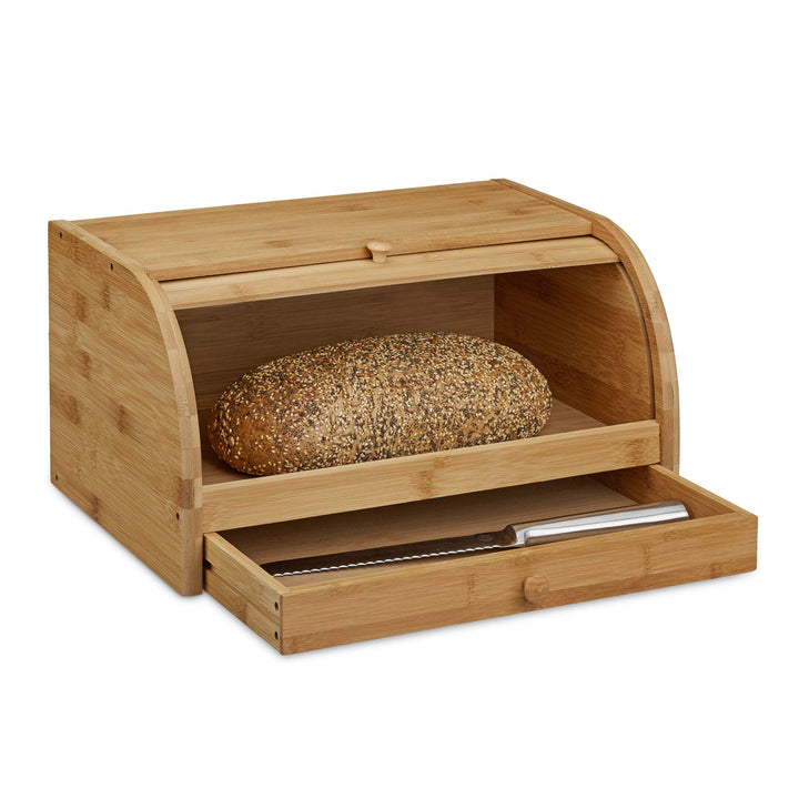 Relaxdays Rollbrotkasten mit Schublade, Bambus, aromadicht, Brotkasten mit Rolldeckel, HxBxT: 21 x 4