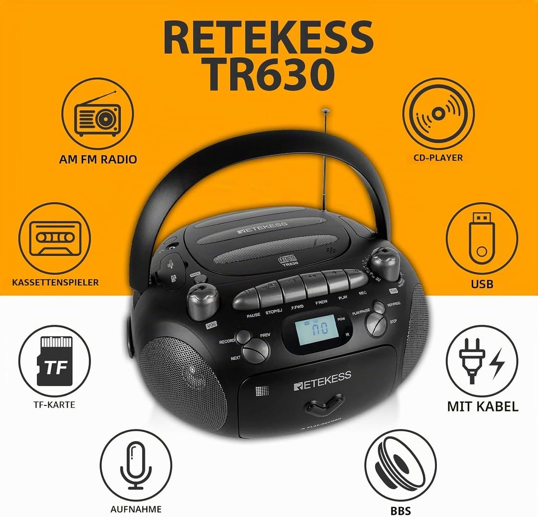 Retekess TR630 CD Player mit Kassette, Radio Batteriebetrieben, Kassettenrecorder, mit Fernbedienung