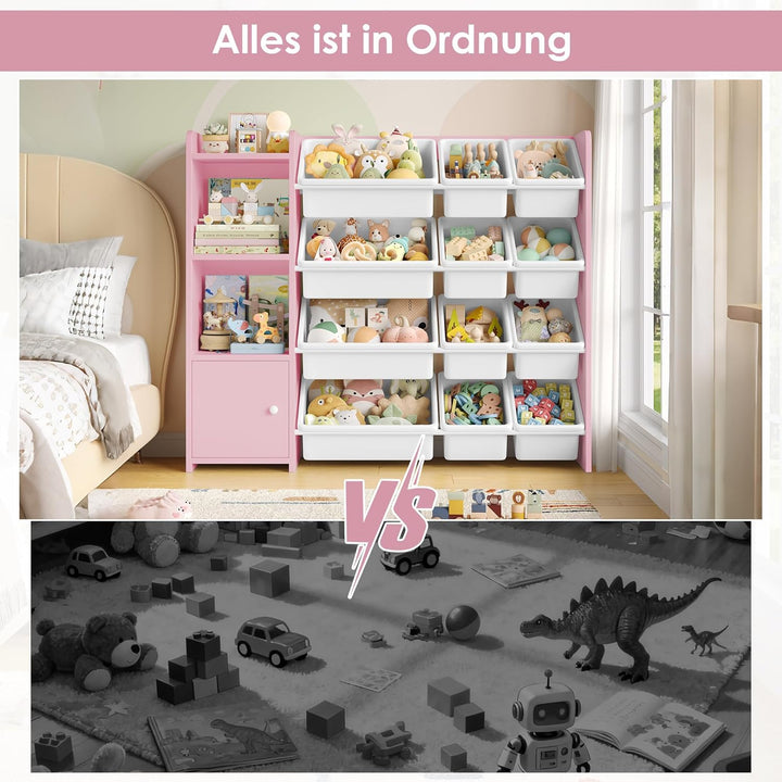 FOREHILL Kinderregal mit 12 Boxen Kinderschrank Holz Bücherregal für Kinder Aufbewahrungsbox Kinderz