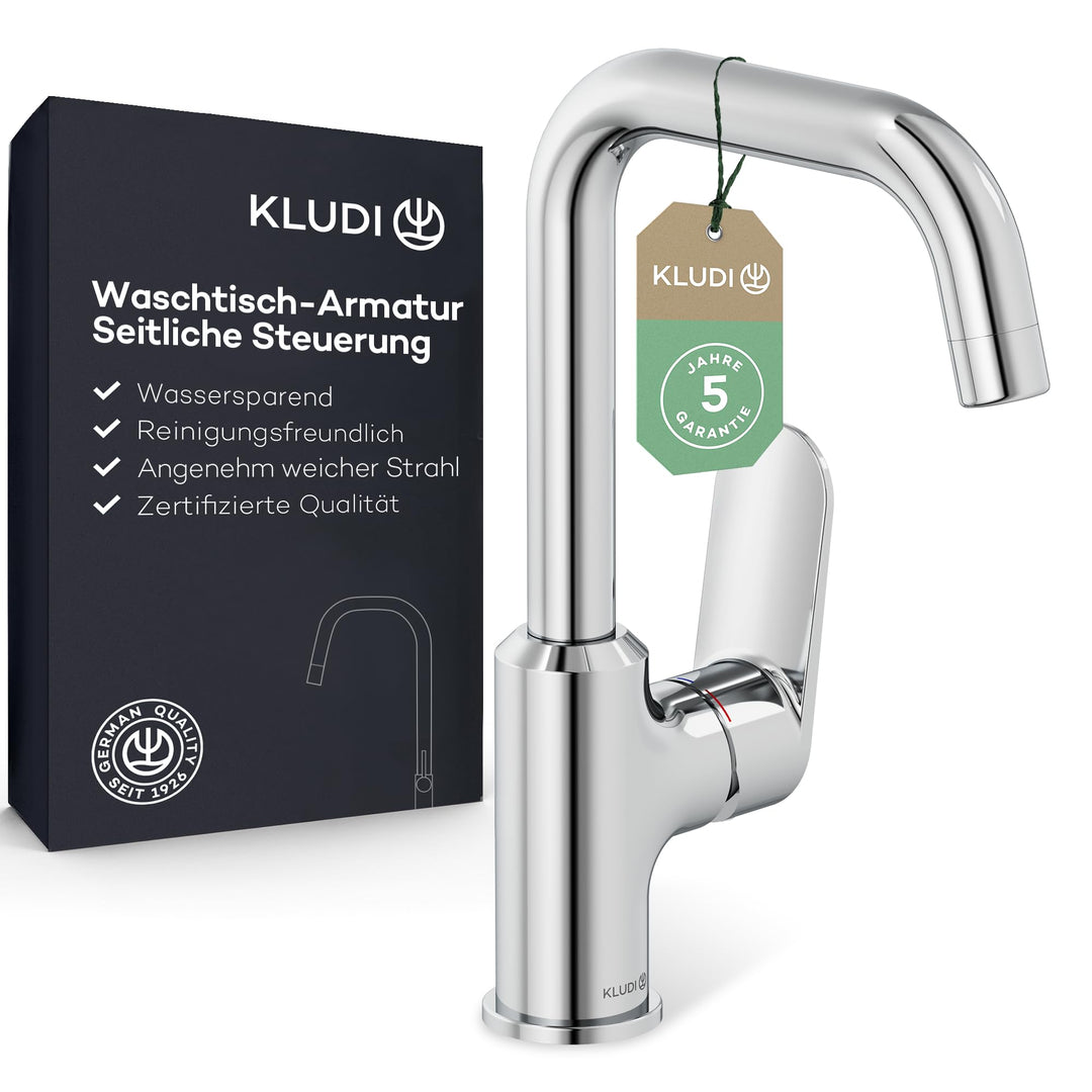 KLUDI-X1 Waschtischarmatur, 360° schwenkbar, Auslaufhöhe 205 mm, wassersparender Wasserhahn Bad Grös