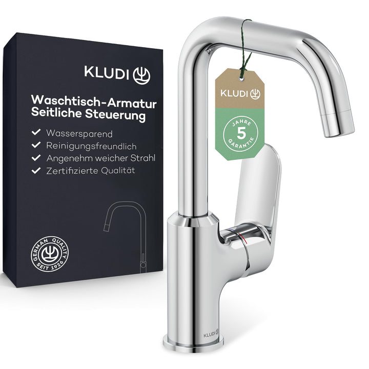KLUDI-X1 Waschtischarmatur, 360° schwenkbar, Auslaufhöhe 205 mm, wassersparender Wasserhahn Bad Grös