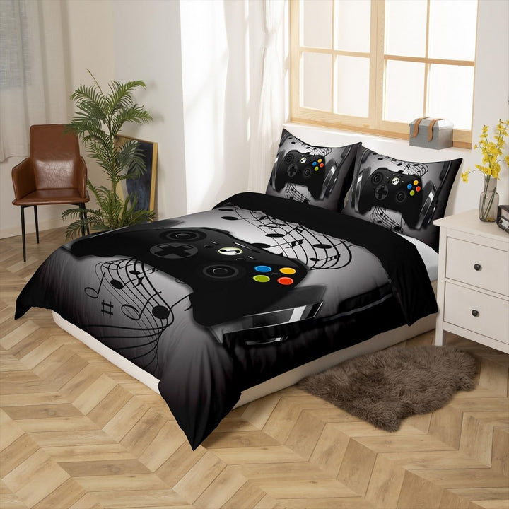 Spieler Bettbezug Schwarz Grau Kopfhörer Musikalisches Spiele Gamepad Trösterbezug für Kinder Jungen