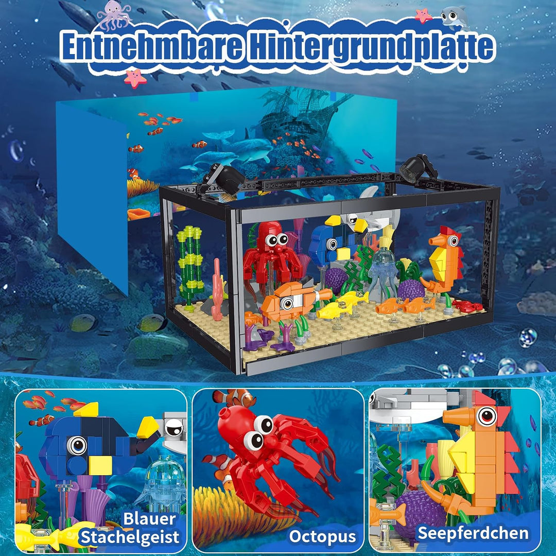 8-in-1 Aquarium Fish Tank Baustein mit LED Licht, einschliesslich Meeresquallen, Fischen, Tierbauspi