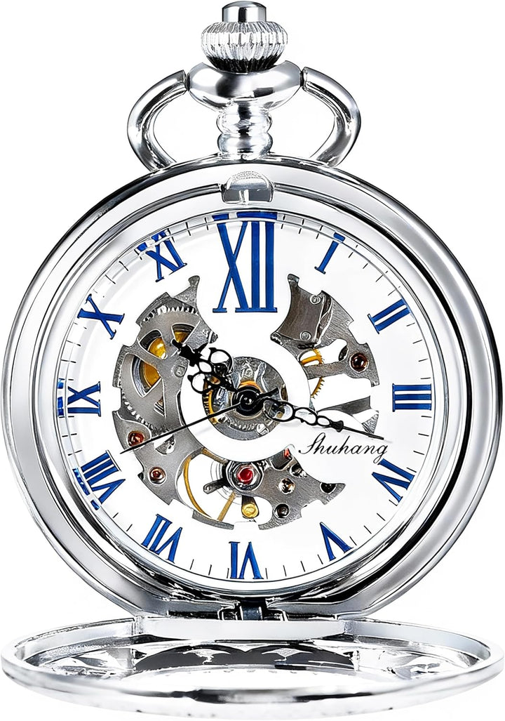 TREEWETO Unisex Taschenuhr mit Kette Analog Handaufzug Skelett Lupe Halber Jäger Silber