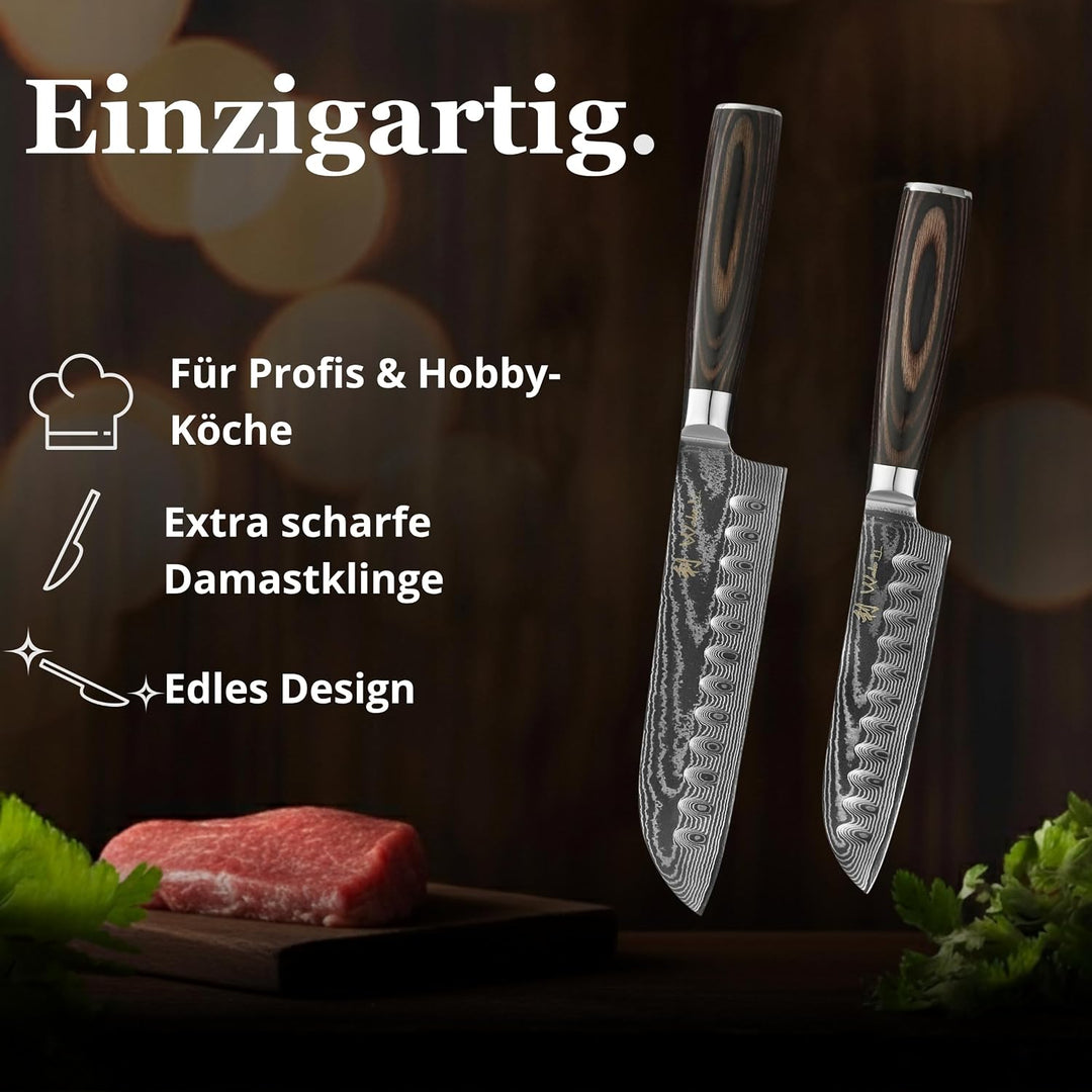 Wakoli EDIB Essentials 2er Damast Küchenmesser Set - 12cm & 18cm Santoku Messer aus 67 Lagen Damasts