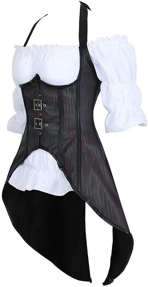 Josamogre Steampunk Korsett Corsage Damen Corset Bustier Set Kostüm Mit Piratenbluse Schwarz, 3-teil