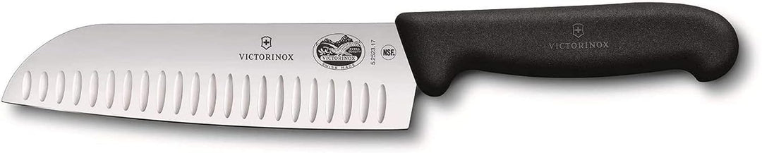Victorinox Fibrox Santokumesser mit Kullenschliff, Extra Scharfe Klinge, Rostfreier Stahl, Spülmasch