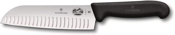 Victorinox Fibrox Santokumesser mit Kullenschliff, Extra Scharfe Klinge, Rostfreier Stahl, Spülmasch