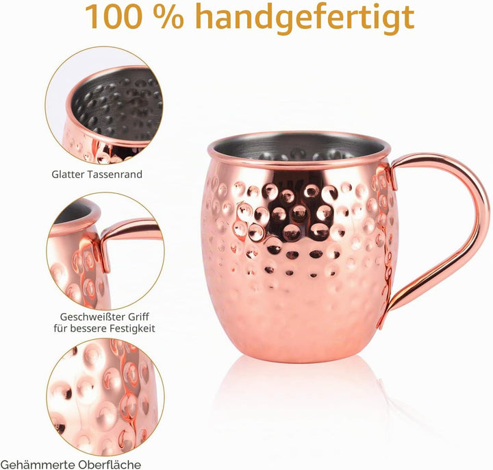 SIKITUT Moscow Mule Becher 4er Set, Handgefertigt Kupferbecher, 550ml Cocktail Set mit: 4 Hochwertig