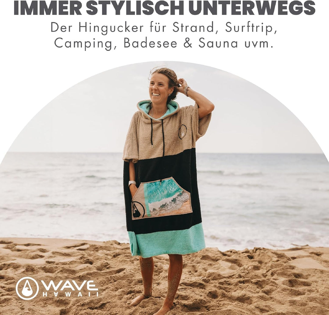 WAVE HAWAII Poncho Ericeira Surfponcho 95% Baumwolle Badeponcho für Körpergrössen von 160-190 cm Umk
