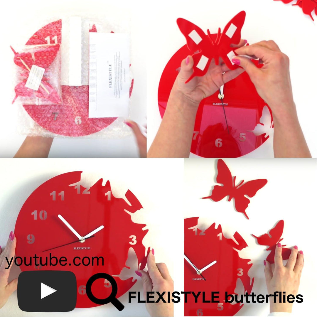 FLEXISTYLE Grosse Moderne Wanduhr Schmetterling Grün rund 30cm, 3D DIY, Wohnzimmer, Schlafzimmer, Ki