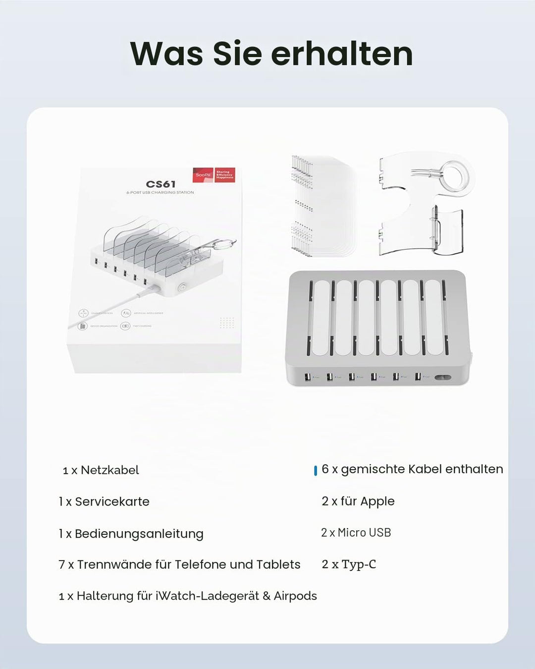 SooPii USB-Ladestation Organizer für mehrere Geräte, 6 Ports 50W Ladestation mit 6 Kabeln und aktual